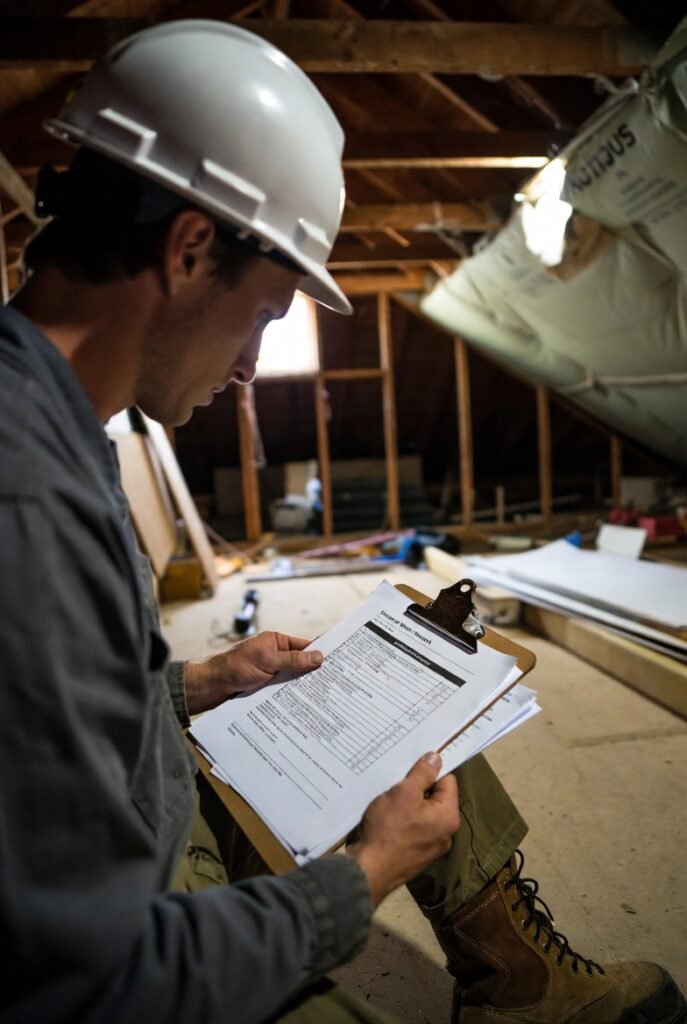 Contractor reviewing an attic insulation estimate and scope checklist