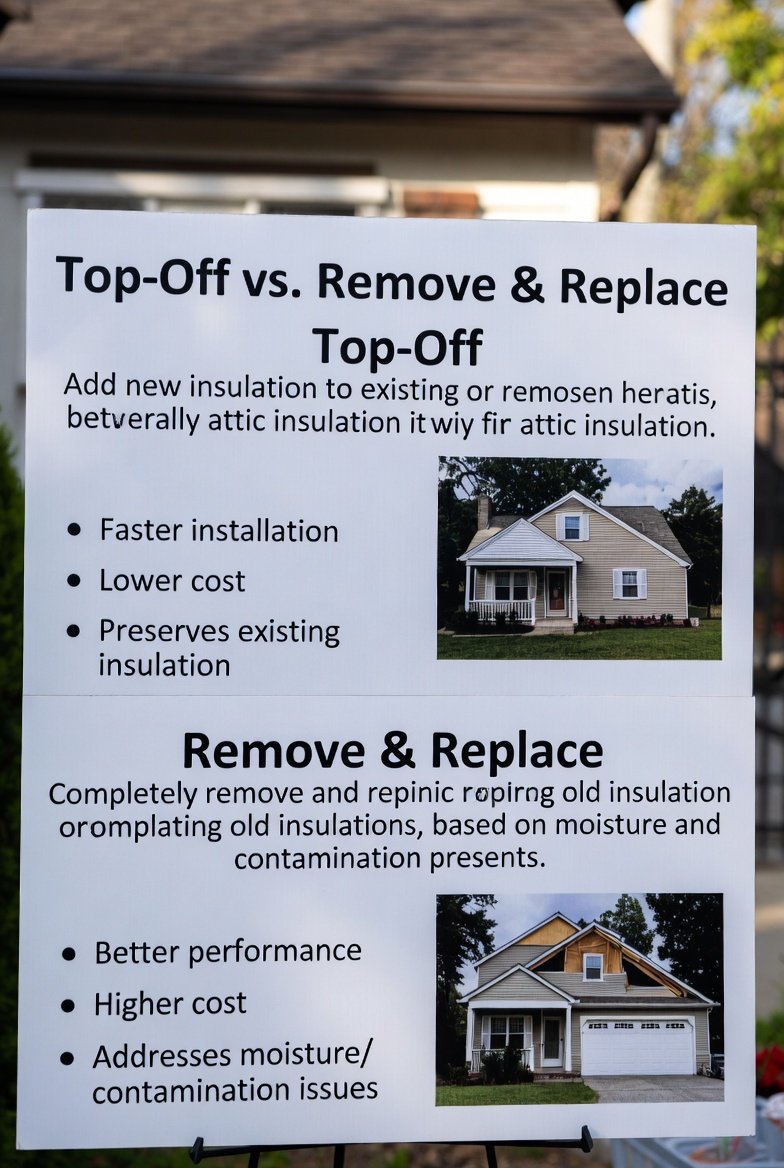 Top-off vs remove-and-replace attic insulation decision based on moisture and contamination