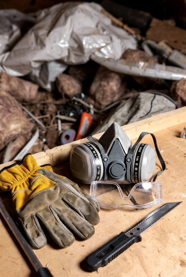 Attic insulation removal tools and PPE for dust and fiberglass irritation control