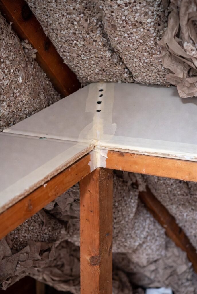 Sealing plumbing stacks and wiring penetrations before insulation is replaced.