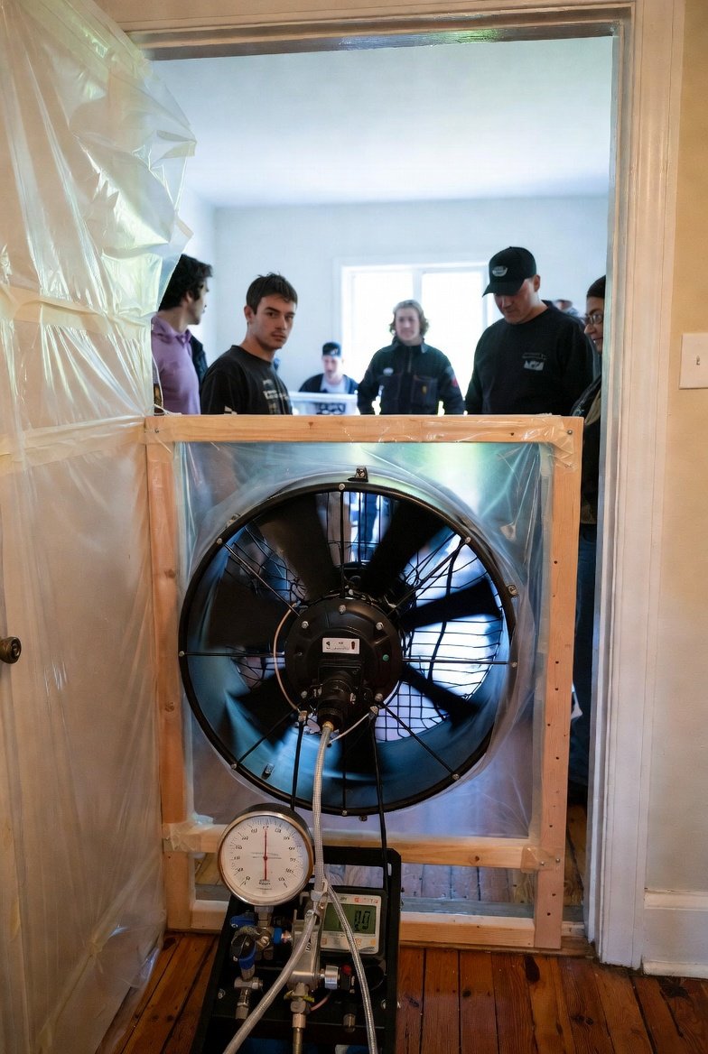 Blower door test equipment used by professionals to diagnose air leakage.